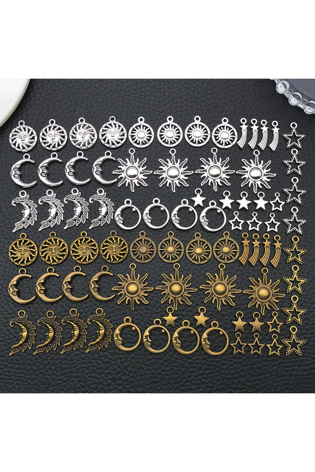 M81-80pcs 20/50/100pcs Mystical Celestial Charms Random Mix of Vintage Silver Stars, Moons & Suns –