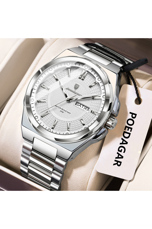 896 Silver White POEDAGAR Fashion Classic Men Wristwatches Stainless Steel Waterproof Luminous Man W