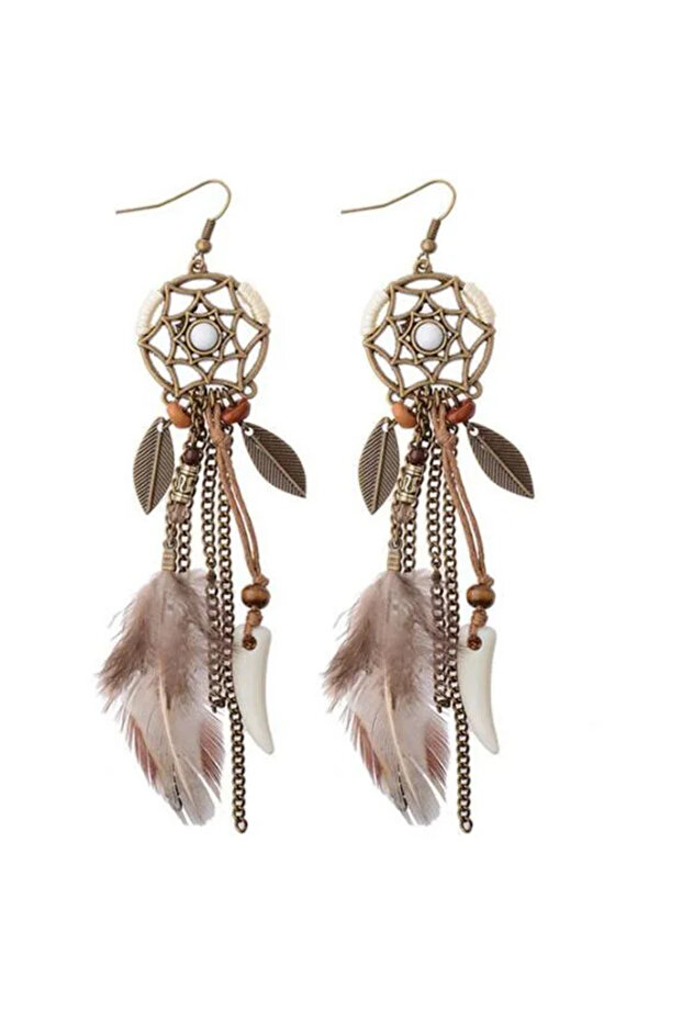 Brown Boho Ethnic Dream Catcher Feather Antique Long Hook Earrings Fancy Handmade Chain Tassle Earri
