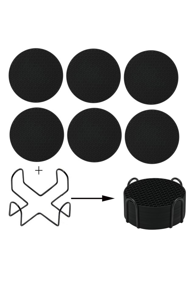 6black with holder Silicone Coasters Set with Holder for Drinks Beer Coffee Suitable for All Kinds