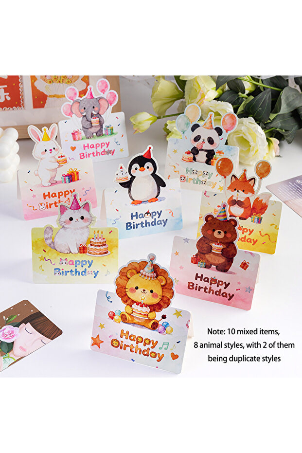 Animal style 10 birthday cards, 3D small size cartoon, simple folding, handwritten blessing message,