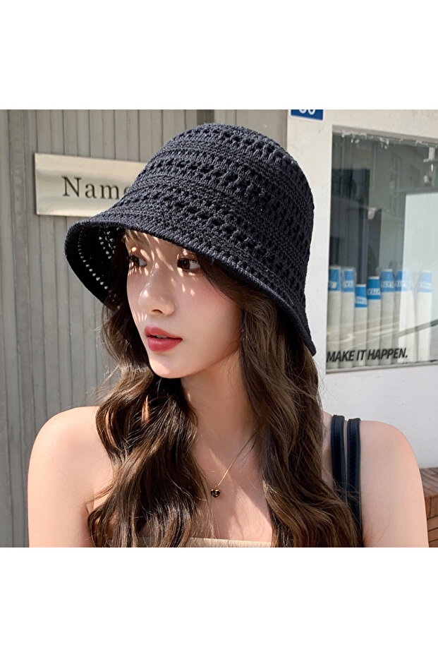 Black Summer Knitted Fisherman's Hat Fashionable, Versatile, Breathable, Foldable Basin Hat Outdoor