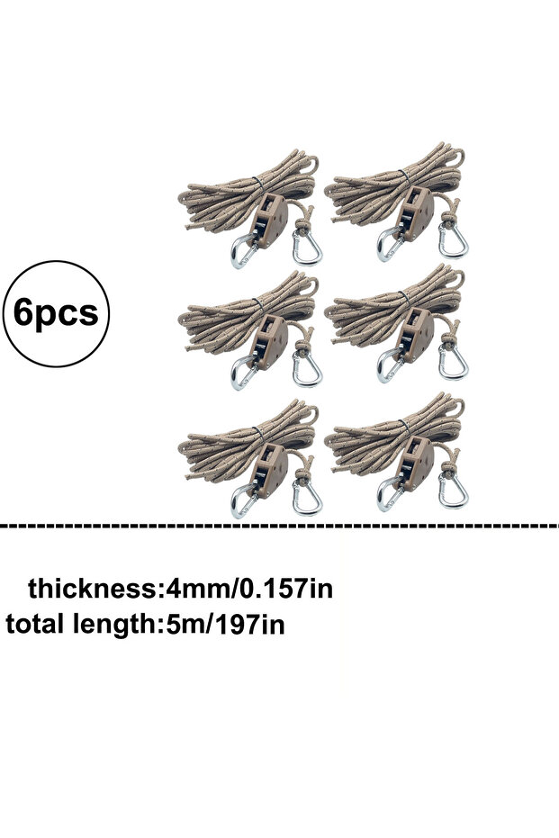 6pcs khaki 6pcs Reflective Camping Tent Rope Tie Down Fastener Fixed Buckle Pulley Tensioner Ratchet