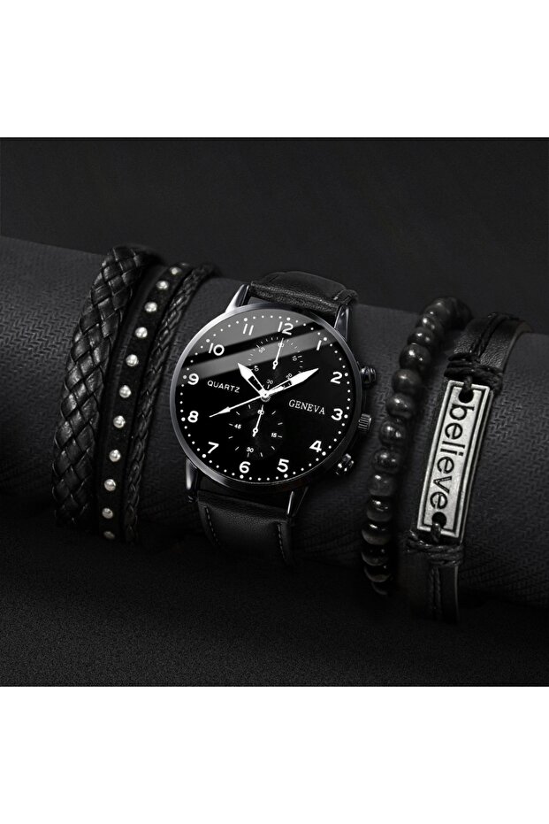 5PCS Set Without Box 5PCS/Set Men's Business Watches Fashion Arabic Dial Leather Band Quartz Watch B