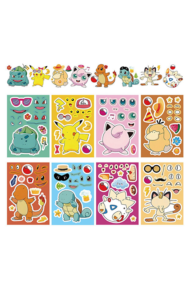 16sheets 8/16sheets Kawaii Cute Anime Pokemon Pikachu Puzzle Stickers Make a Face DIY Funny Cartoon