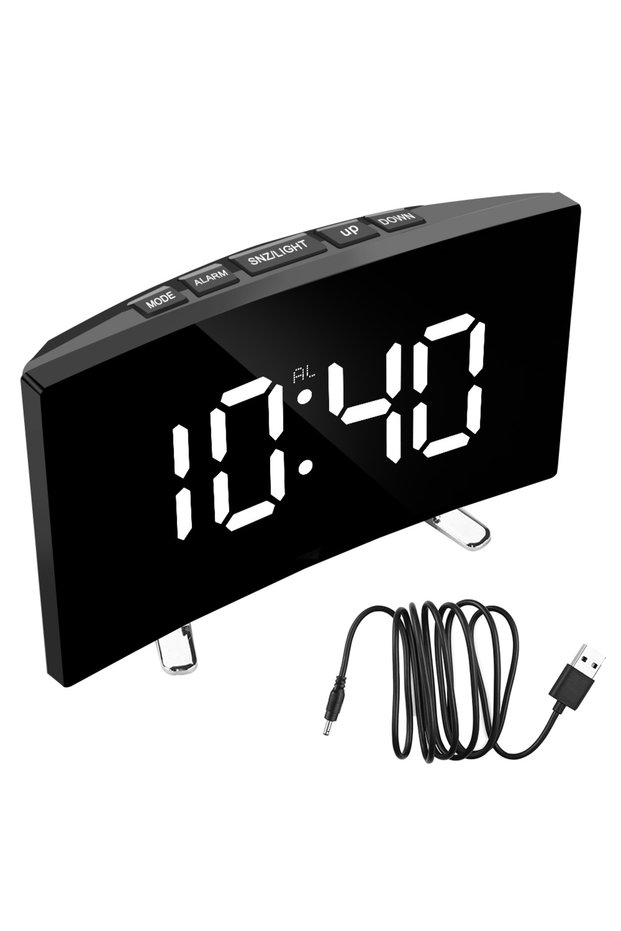 WHITE Curved Dimmable Mirror Clock Home Decors For Kids Bedroom 7 Inch Large Number Table Clock LED