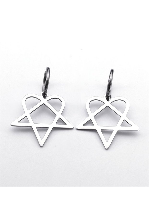 C SR Goth Heartagram Star Dangle Hoop Earring Women Stainless Steel Black Color Rock Music Band HIM
