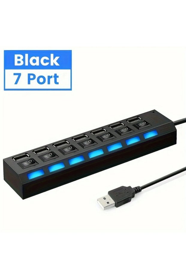 black 7 Ports USB 2.0 Hub LED 5Gbps High Speed Multiports USB Power Adapter Expander USB Splitter Wi