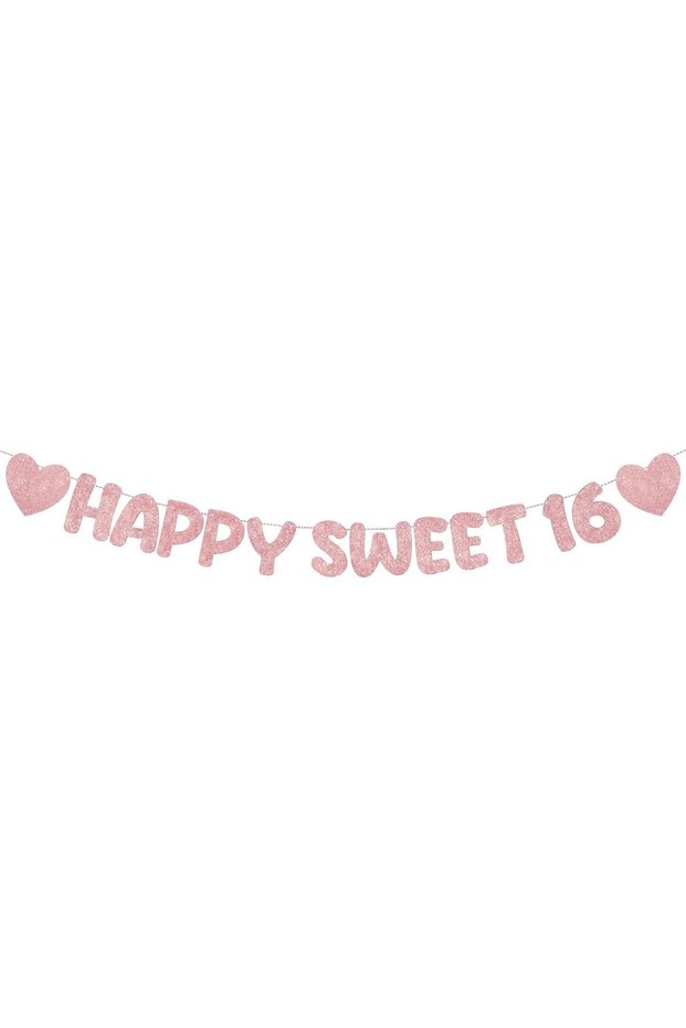 Rose Gold Strung Happy Sweet 16 Banner Glitter Sixteenth Birthday Party Decorations Party Sign Party