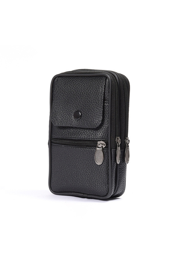 Black New Men Waist Bag Mobile Phone Bag Sporty Leisure Belted Vertical Outdoor PU Leather Waist Bag