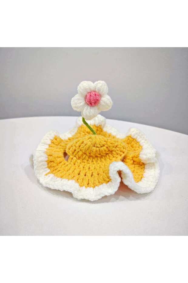 S YELLOW Cat Hat, Cute Flower Crochet Cat Hat Knitted Costume Headwear for Kitten Dog Puppy Pet Smal