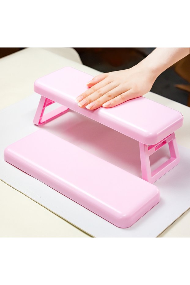pink Plastic Manicure Handrest: Foldable Height Adjustment, UV Light Placement Ready, Comfortable Na