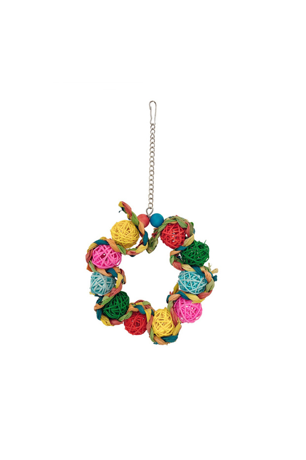 B Multicolor 1pc Rattan Ball Round-shaped Bird Swing Toy Grab Bite Toy Stand Grinding Teeth Hanging