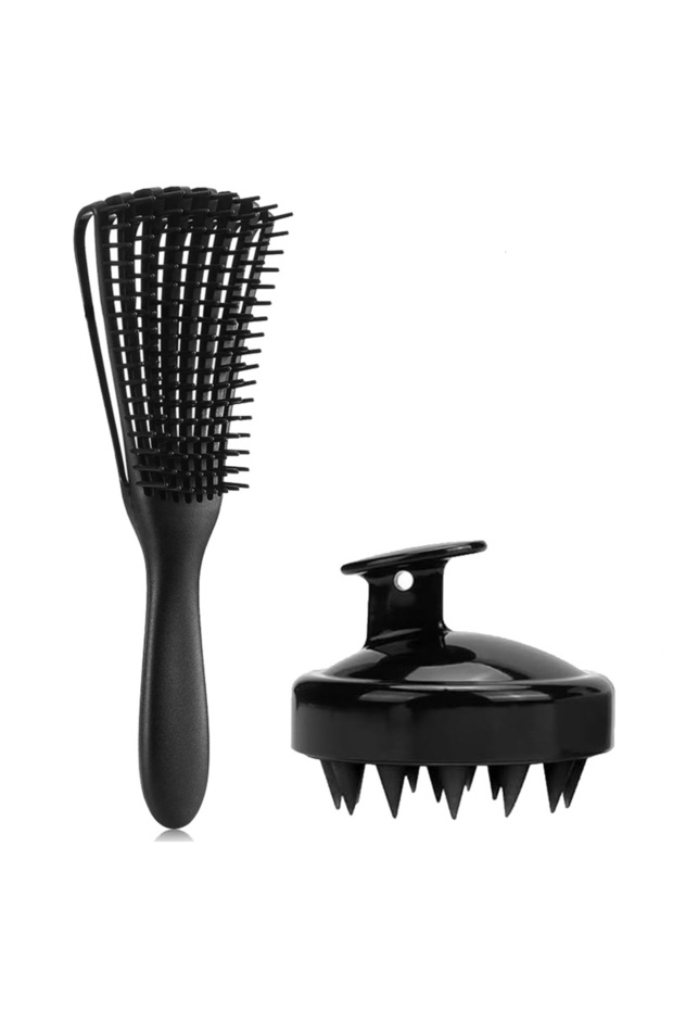 black-2pcs 2Pcs/Set Detangling Hair Brush & Silicone Scalp Massager Shampoo Brush Set – Anti-Static