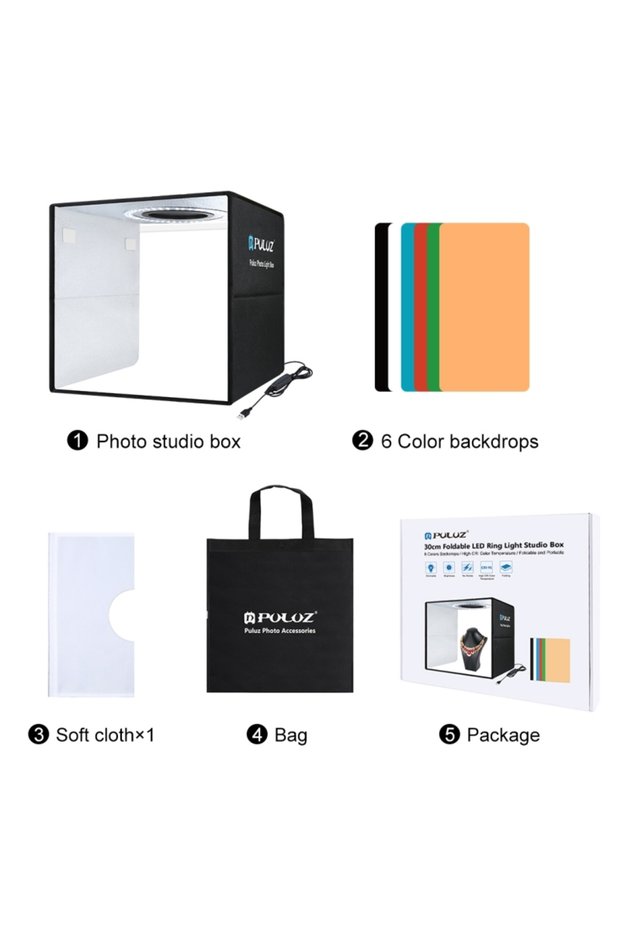 black PULUZ 30cm Folding High 97 CRI Ring Light Photo Lighting Studio Shooting Tent Box Kit with 6 C