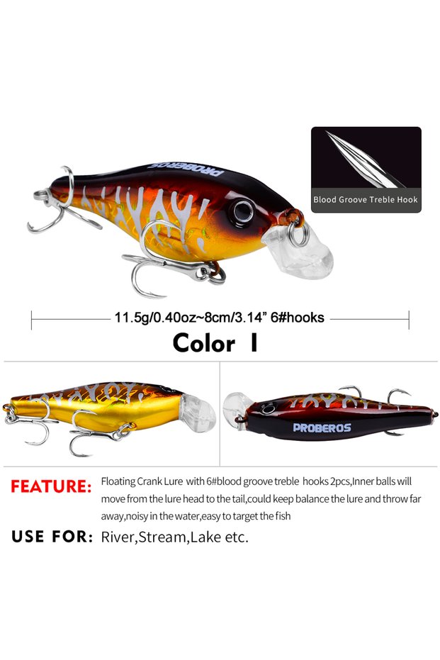 COLOR I PROBEROS 1pc Simulation Floating Crankbait Fishing Lure, 11.5g Bionic Artificial Wobbler Bai