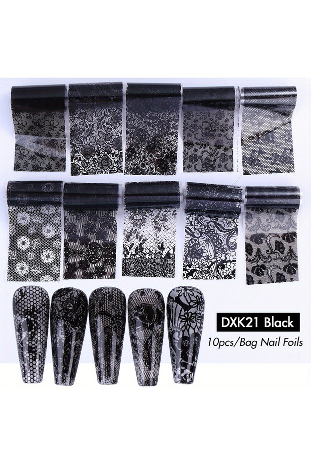 DXK21 Black 10/20pcs Elegant Black White Lace Flowers Nail Transfer Foils Fantasy Retro Floral Starr