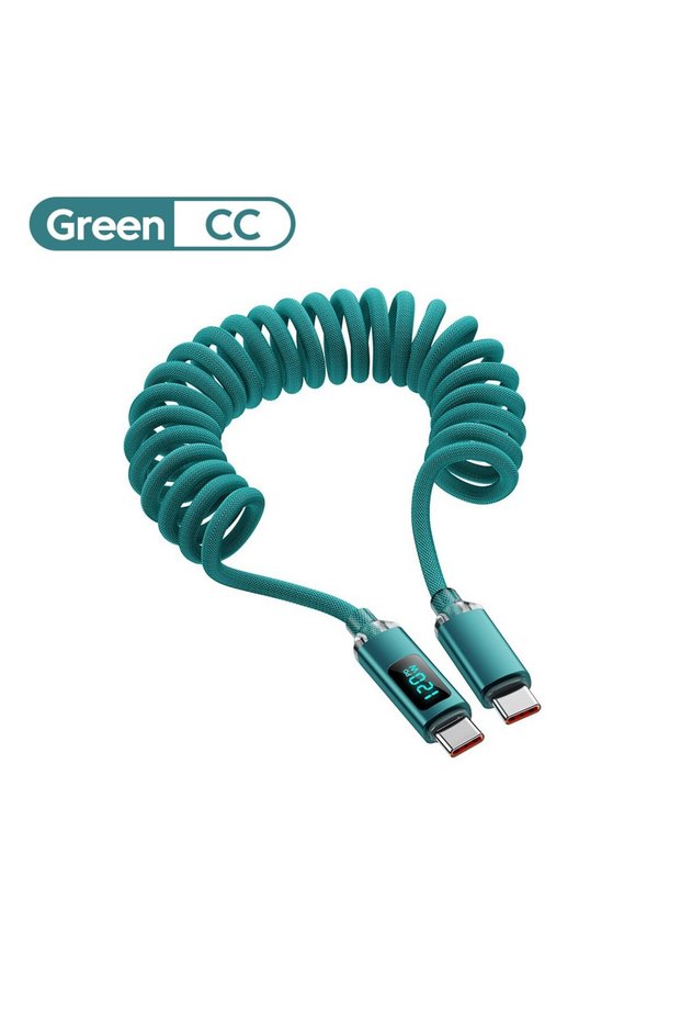 1m Green C-C 120W Car Spring Cable Digital Display Retractable USB C To Type C Fast Charging Cable f