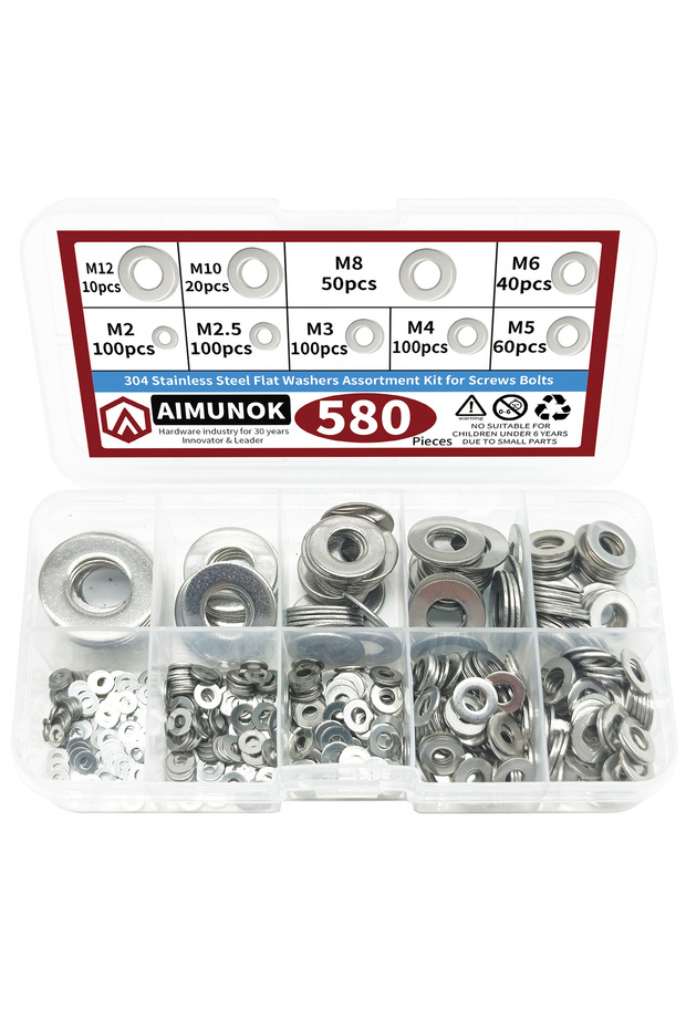 360pcs Kit WHITE 360pcs/580pcs 9 Sizes 304 Stainless Steel Flat Washers Assortment Kit (M2 M2.5 M3 M