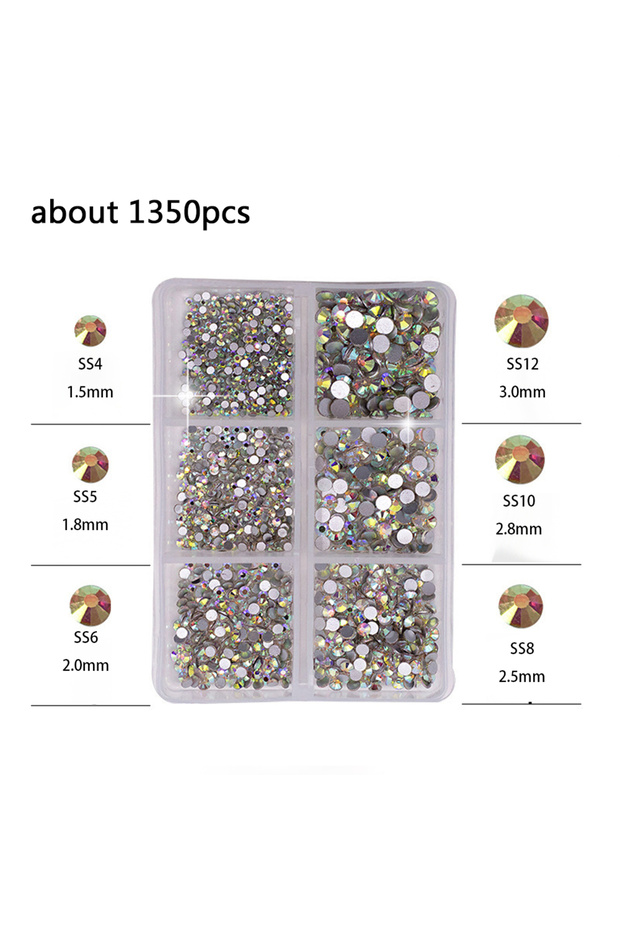 AB about 1350pcs 1 Box Multi-size AB Crystal Nail Rhinestones Flat Bottom Crystal Clear Diamond Gems