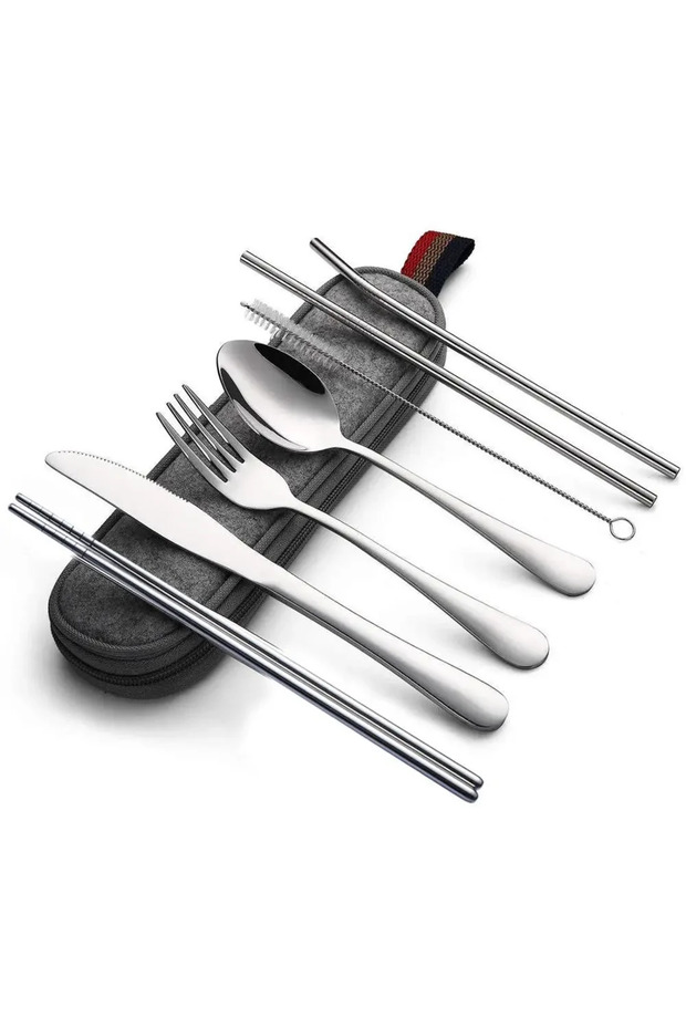 Silver 8Pcs/set Tableware Reusable Travel Cutlery Set Camp Utensils Set with Stainless Steel Spoon F