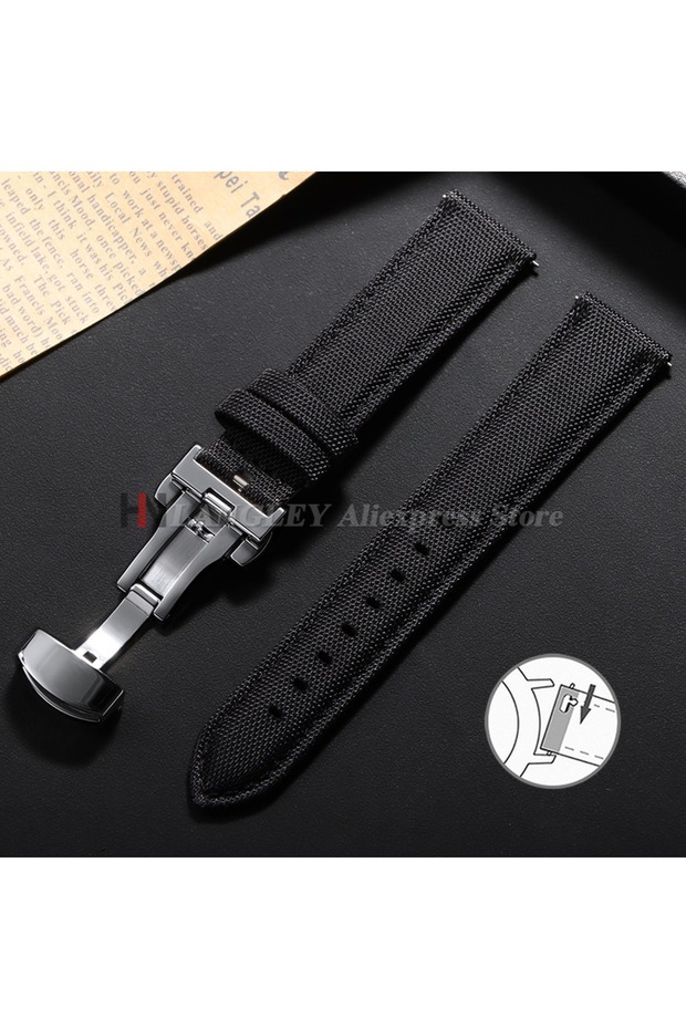 22mm Black Buckle Black Sailcloth Nylon Watch Band 20mm 22mm for for Butterfly Buckle Men Sport Bu
