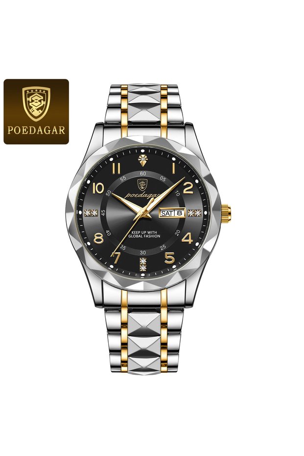 858 Gold Black POEDAGAR Luxury Men Watch Waterproof Date Week Luminous Fashion Wristwatch Stainless