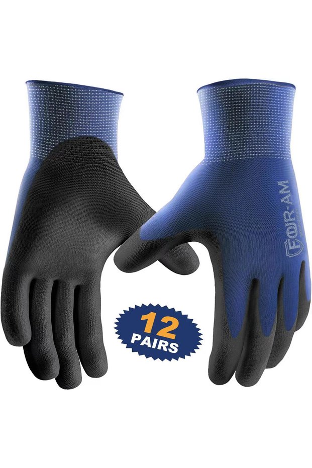 S Blue 12pairs Ultra-Thin PU Coated Work Gloves,Excellent Grip,Nylon Shell Black Polyurethane Coated