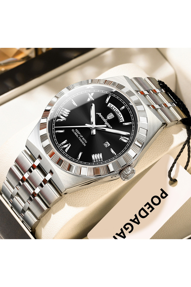 675 Silver Black POEDAGAR Luxury Fashion Man Wristwatch Week Date Waterproof Luminous Men's Clock St