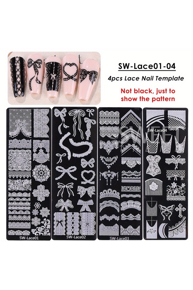 SW-Lace01-04 4pcs 4pc Lace Flower Nail Art Stamping Plates Drawing Retro Rose Bow Butterfly Floral L