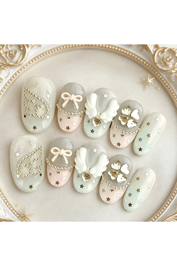SJ0548-M 10 Hand Pressed Oval Shaped Nails, Beautiful Fake Nails, White Green Gradient Angel Wings,