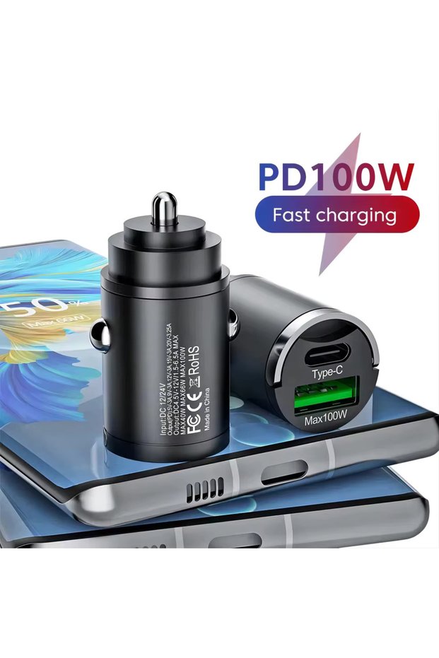 PD-100W 100W mini car charger fast charging for iPhone QC3.0 mini PD USB Type C car mobile phone cha