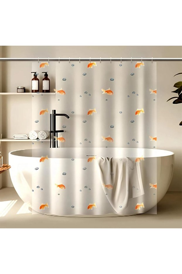 120*180cm TMJY High-Quality PEVA Goldfish Shower Curtain - Transparent Bathroom Decor with Orange Fi