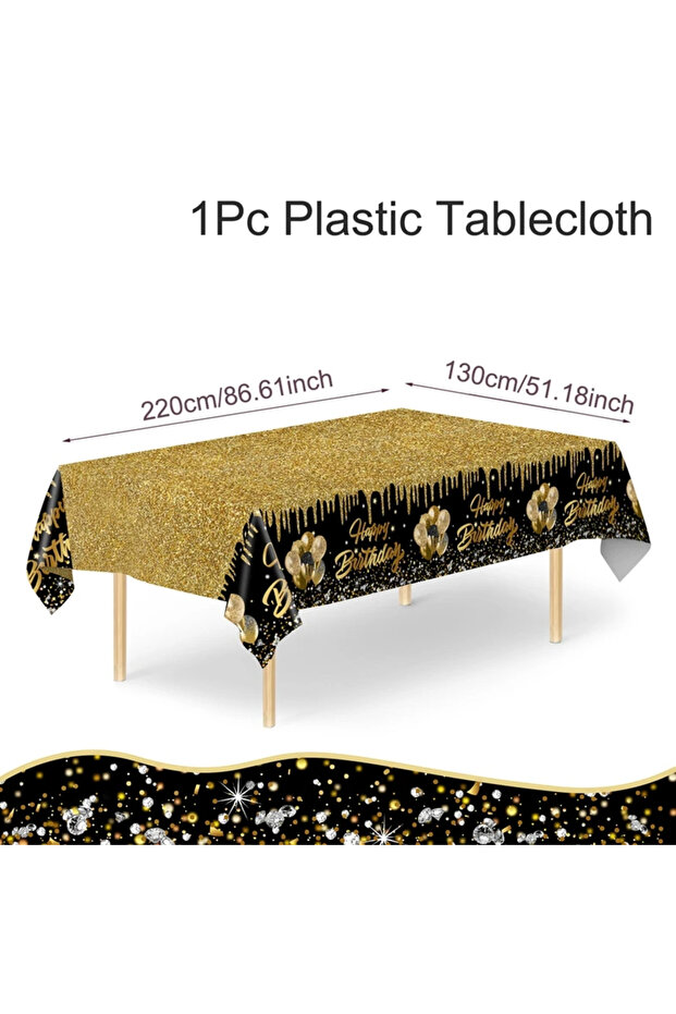 Black 220x130cm Black Gold Disposable Plastic Tablecloth Birthday Party Decorations for Men Women Ye