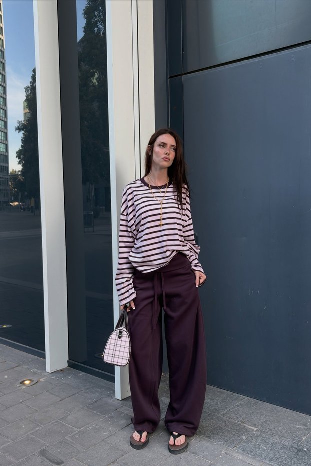 Women's Brown Shaded Wide Leg Relaxed Fit Folded Waist Sweatpants