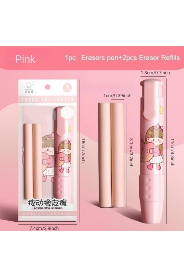 Pink Pen Type Eraser Set Replaceable Core, Cute Cartoon Pencil Erasers for Kids, Retractable Eraser