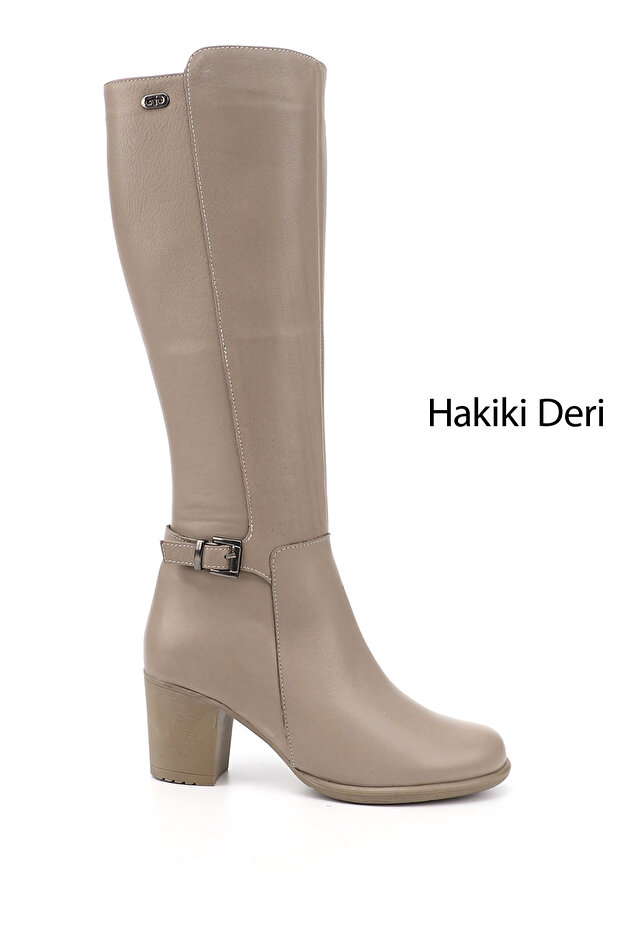 Women's Beige Zippered Thick Heeled Genuine Leather Boots