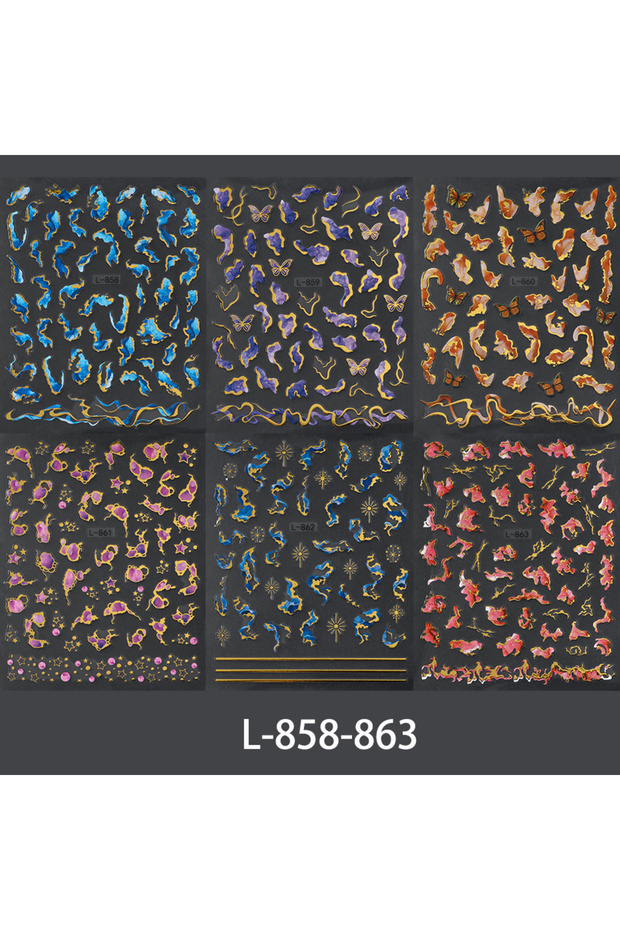 L-858-863 6 pcs 3D Marble Print Nail Stickers Multi-colored Bronzing Gradient Marble Effect Charms f