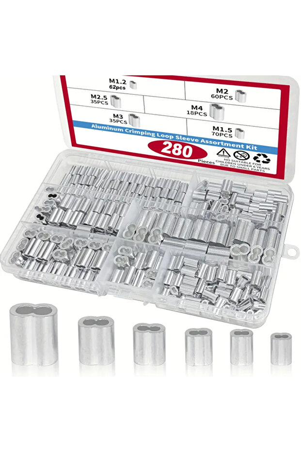 280-Piece Aluminum Crimping Ferrule Kit - Double Tube Ferrules, Rust-Proof, for Steel Wire Rope Cabl