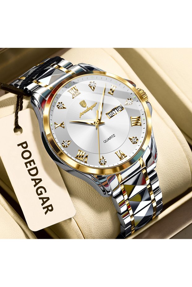 883 Gold White POEDAGAR Luxury Man Wristwatch Waterproof Luminous Date Week Men Clock Stainless Stee