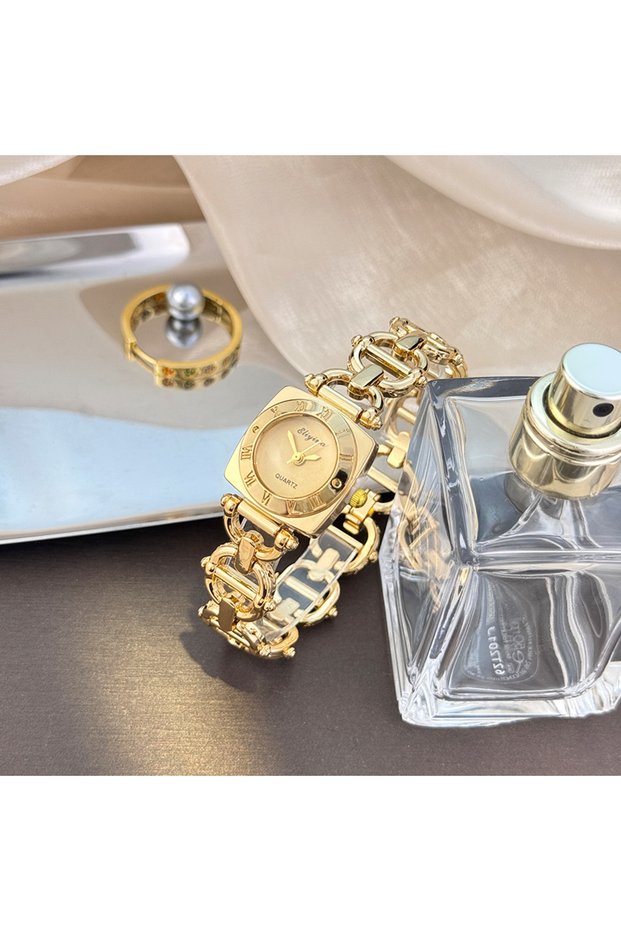Gold High-End Women's Skeleton Design Watch Square Roman Hour Markers Light Luxury Fashion Cross-Bor