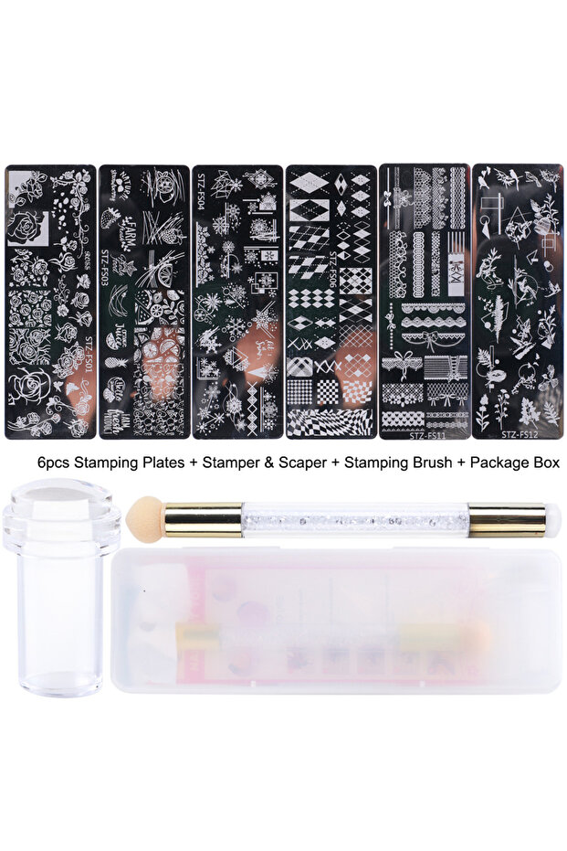 STZ-FS Set White 9pcs/Set Nail Art Stamping Plates Silicone Stamper Scaper Stamping Printing Brush P