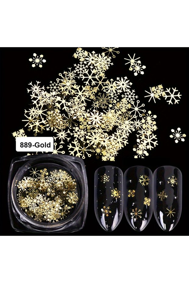 889-Gold 3D Christmas Snowflakes Metal Nail Glitter Sequins Mixed-Design Hollow-Out White Snow Flake