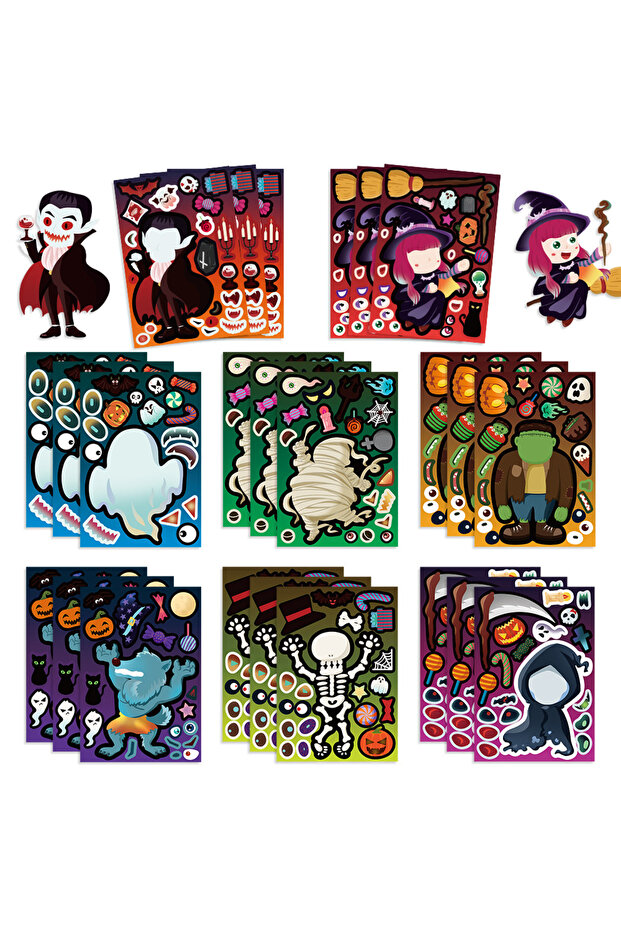 8sheets 8Sheets Cartoon Halloween Party Puzzle Stickers Make-A-Face DIY Assembly Children's Puzzle A