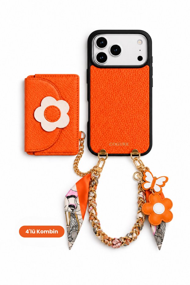 Hera iPhone 18 Pro / 17 Pro Compatible Floral Magsafe Wallet, Charm, Scarf Strap, Case Set of 4 Orange