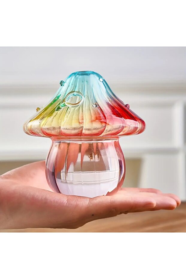 Colorful Boho Glass Mushroom Vase - Handcrafted Hydroponic Cylinder Planter for Living & Dining Room