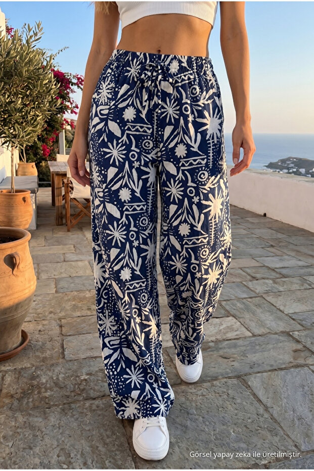 Women's Patterned High Waist Summer Fabric Pants with Elastic Waist