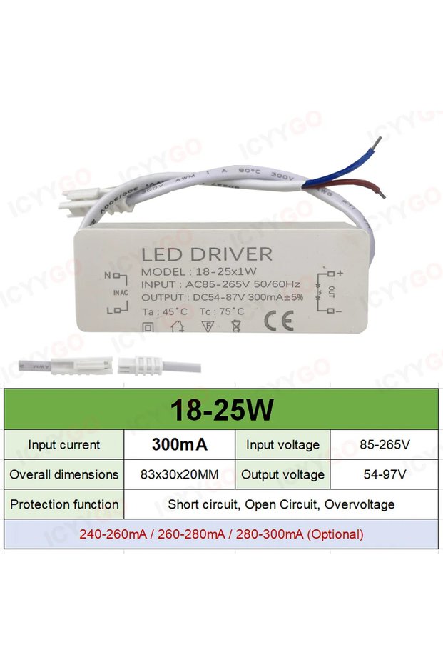 18-25W-300mA AC 85-265V LED Driver 8W 12W 20W 30W 36W 300mA 600mA 900mA Constant Current Power Suppl