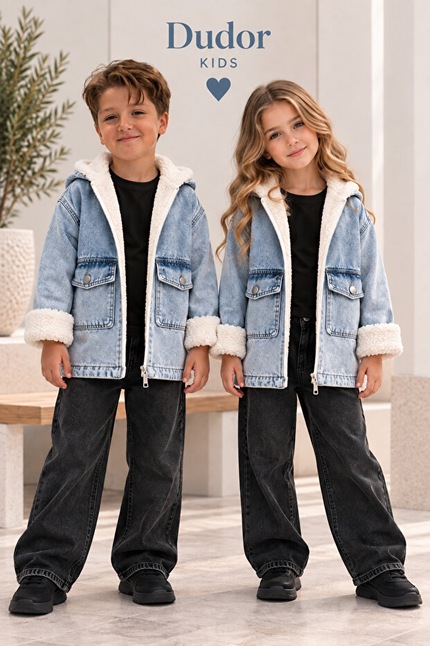 Children's Hooded Blue Thick Denim Coat-Unisex