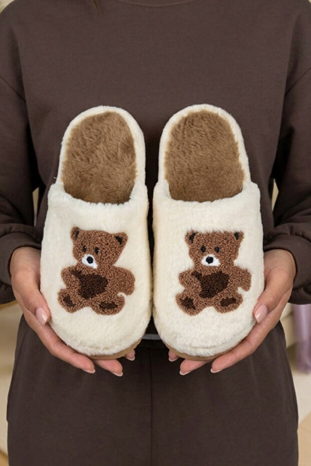Women's Ecru Teddy Bear Embroidered Plush Furry House Slippers 3 cm Byndi̇mjteddybear